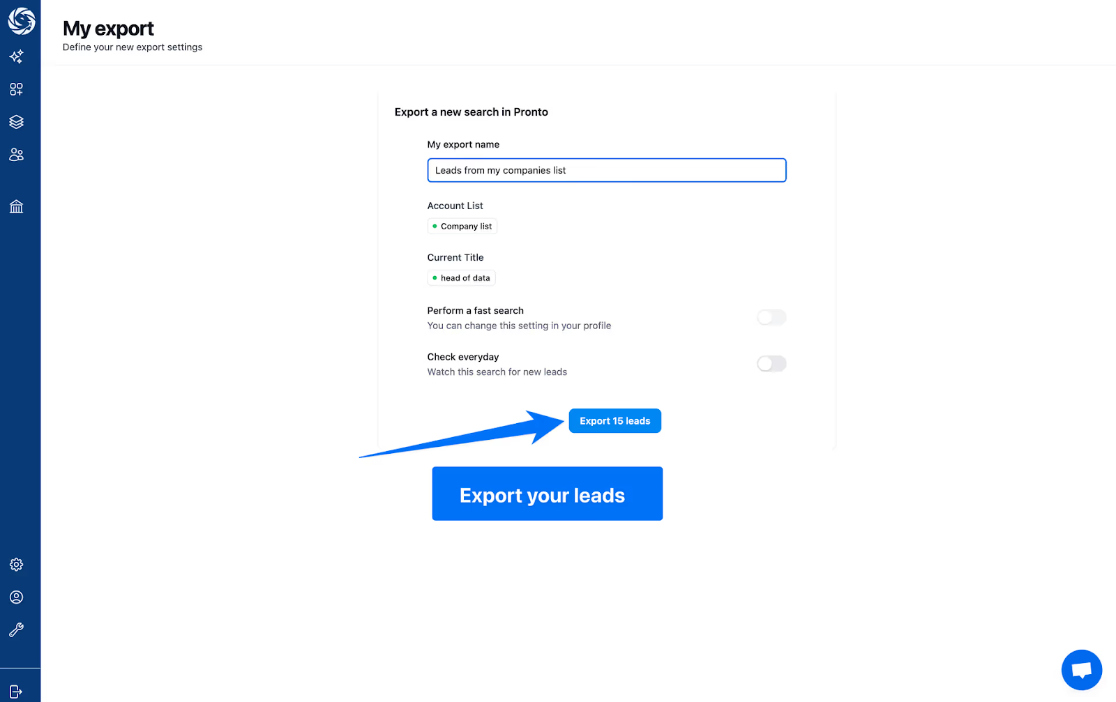 Pronto export interface showing filtered leads from a custom company list and job title