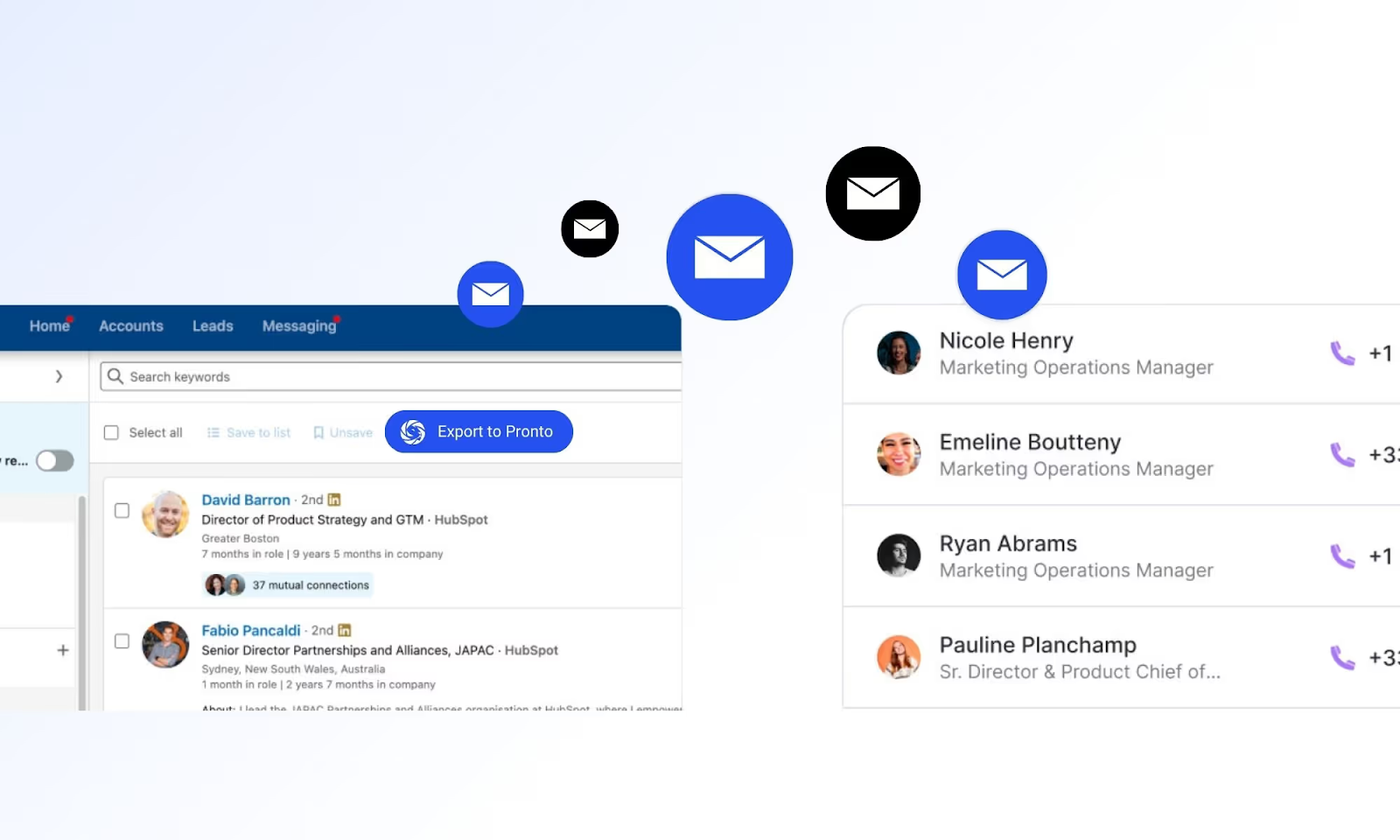 Sales Navigator leads being exported to Pronto, showing enriched email and phone contact details