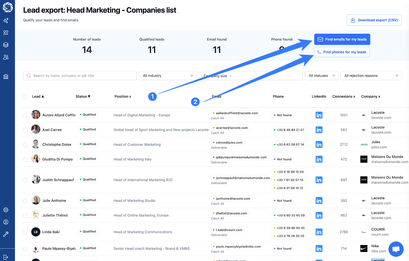 Lead export in Pronto with qualified contacts, email enrichment and phone number lookup from Sales Navigator