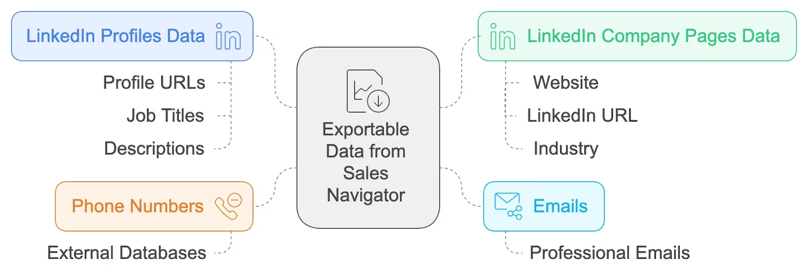 Exportable data from Sales Navigator: profiles, companies, emails, phones, job titles