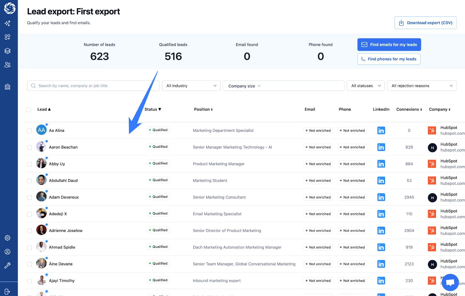 Qualified leads list in Pronto after export from Sales Navigator with filters applied