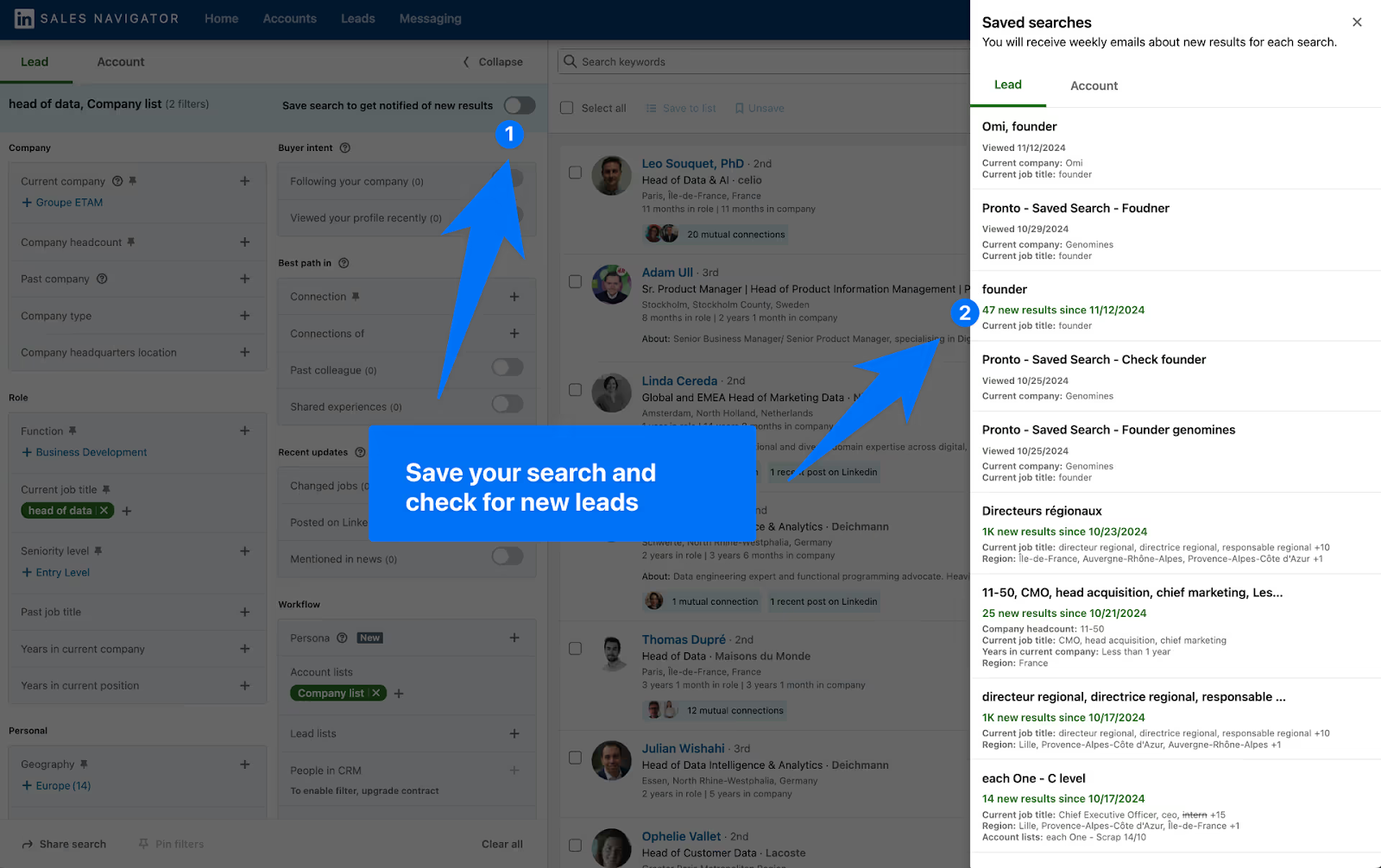 Sales Navigator screen showing how to save a search and get alerts for new matching leads