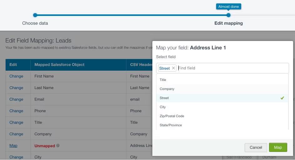 Salesforce lead import screen showing field mapping for CSV columns to CRM fields