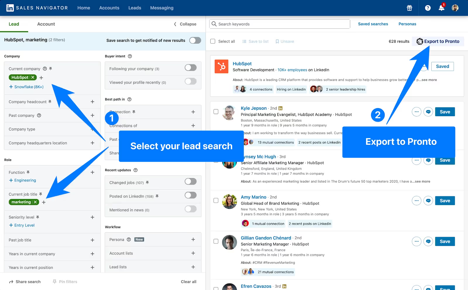 Filter leads in Sales Navigator and export search results to Pronto in one click