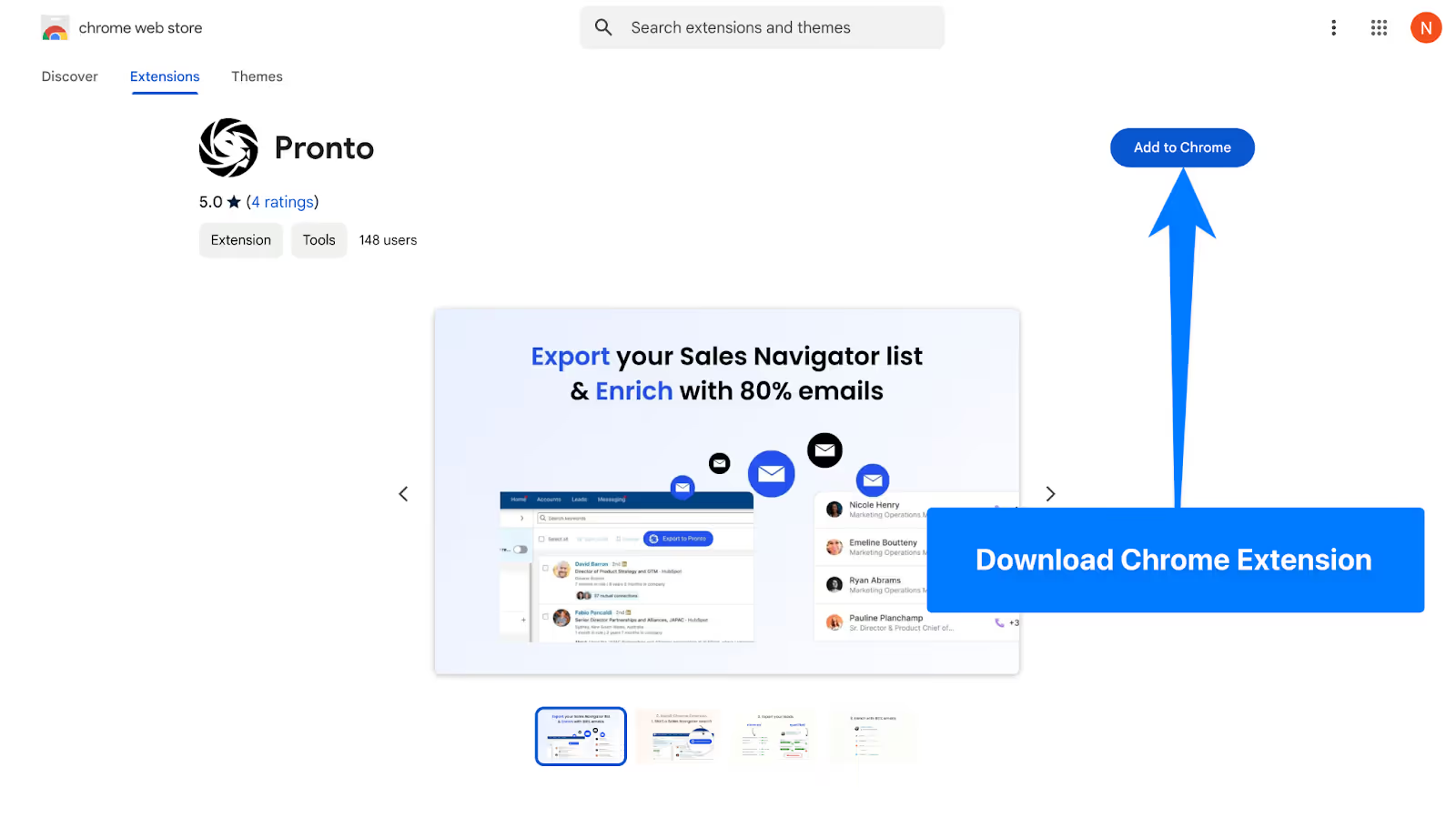 Download Pronto Chrome extension to export and enrich Sales Navigator lead lists