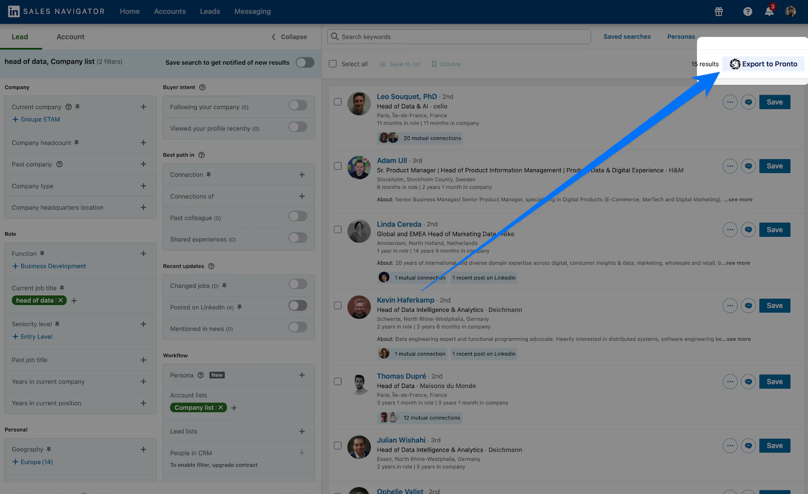 Sales Navigator search interface showing how to export leads to Pronto