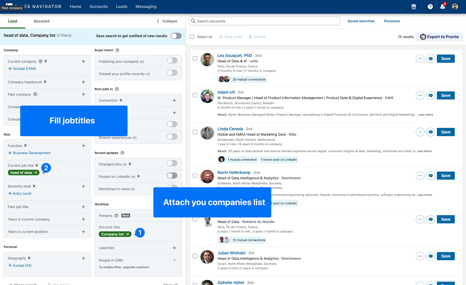 Sales Navigator search interface showing how to filter by job titles and attach a custom company list for lead generation