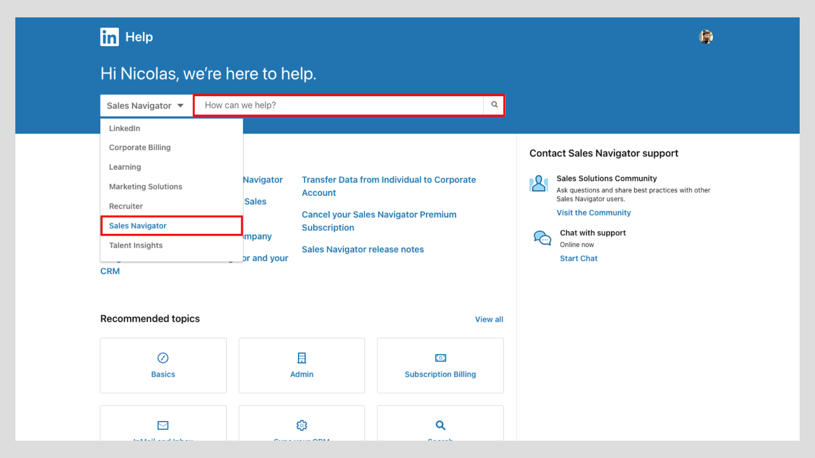 Sales Navigator support page with dropdown and search bar highlighted