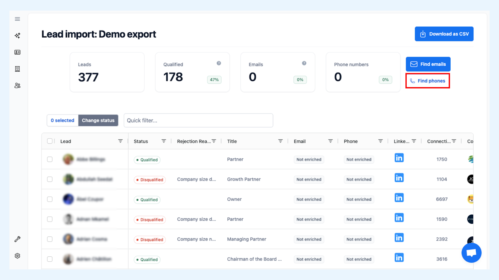 Pronto interface displaying clean, verified leads with a phone number enrichment button