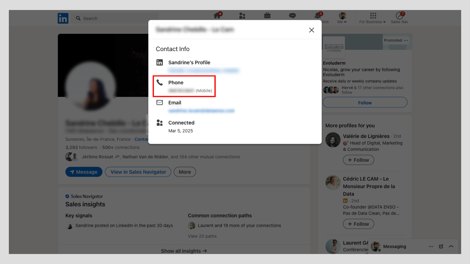 LinkedIn contact info popup showing phone and email fields