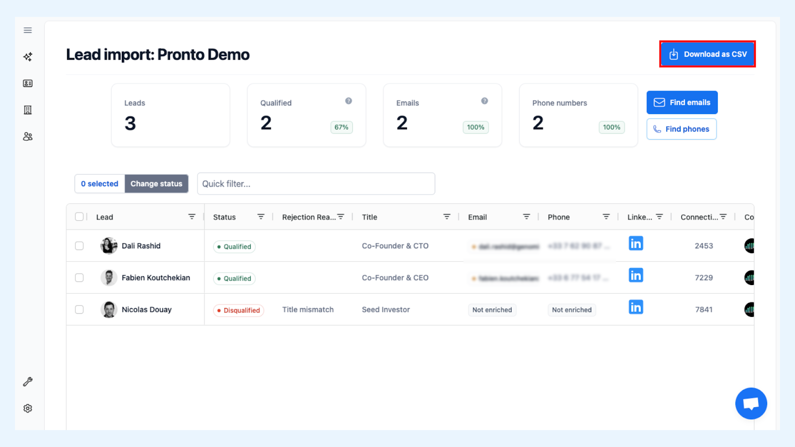 Lead import dashboard with option to download LinkedIn contacts as CSV highlighted