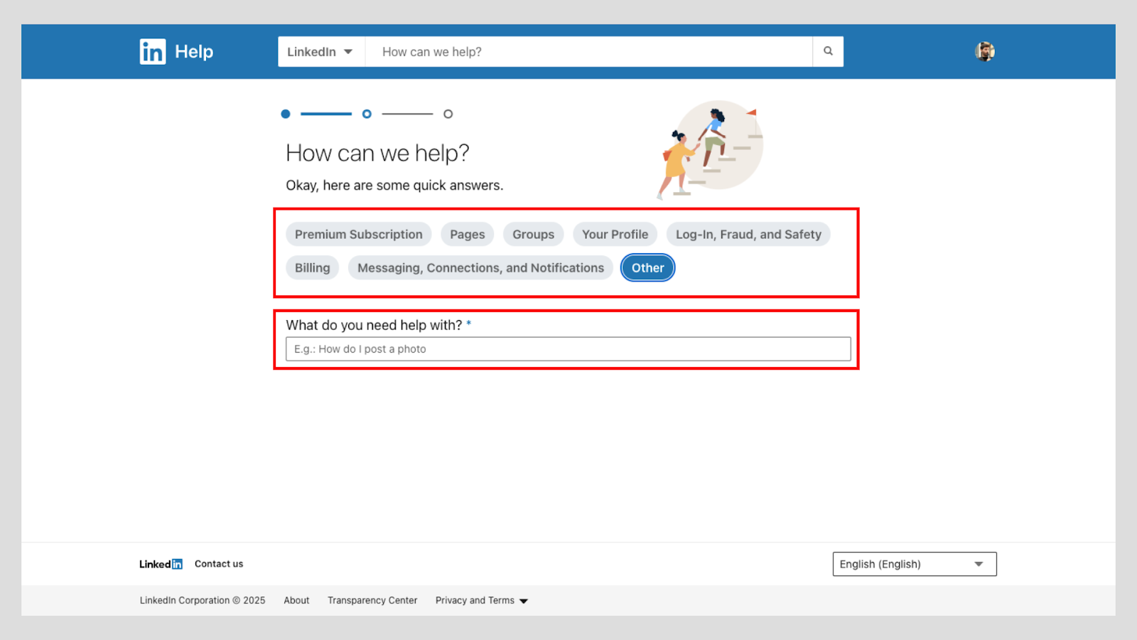 LinkedIn support form with example field to type your help request
