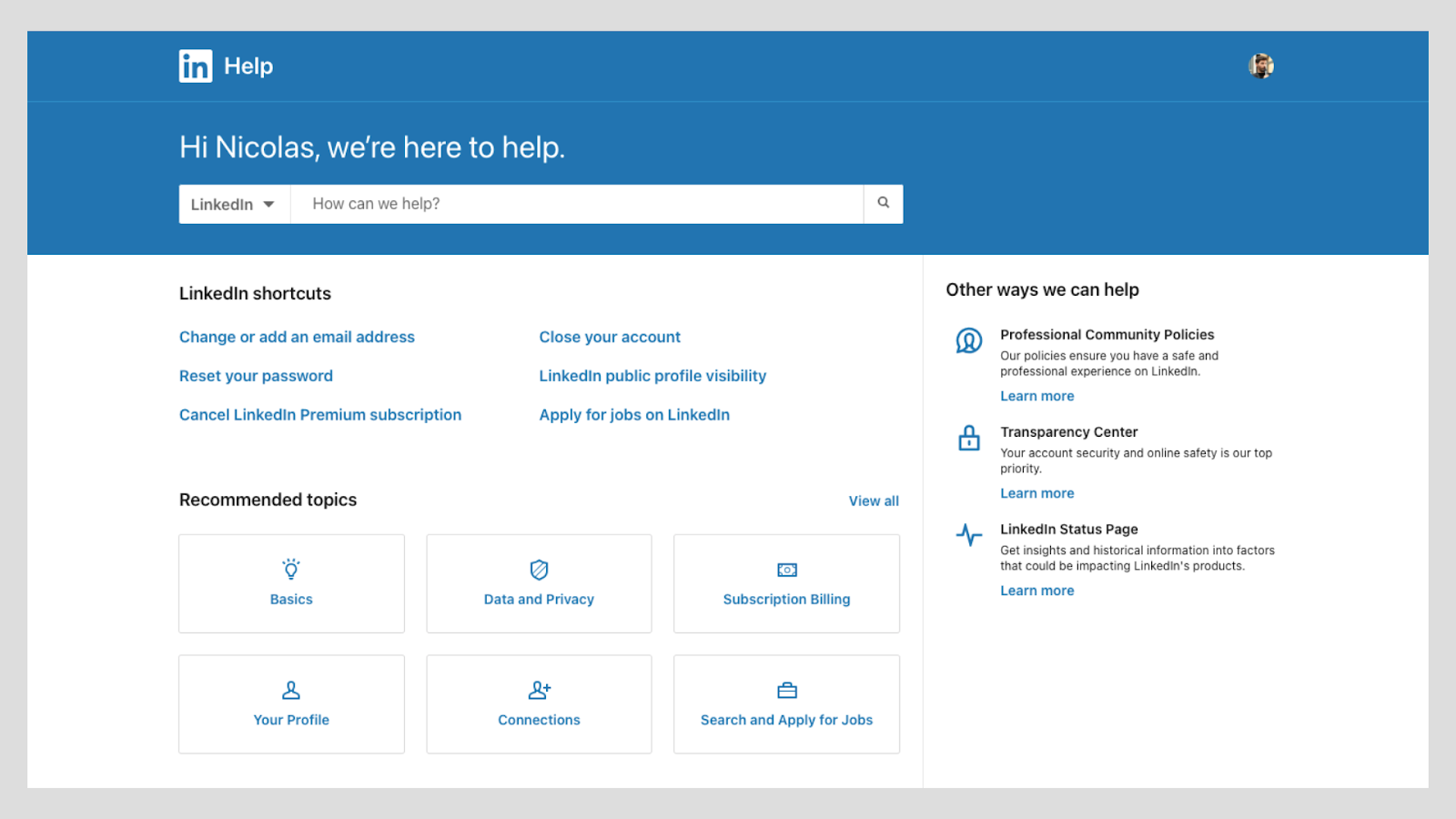 LinkedIn Help Center showing basic support topics and search bar