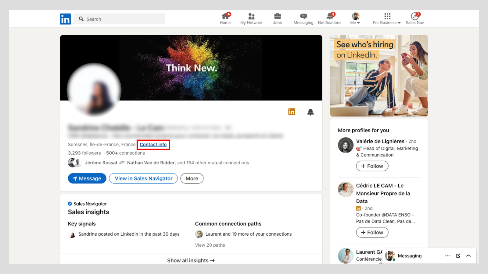 LinkedIn profile with contact info link highlighted under name