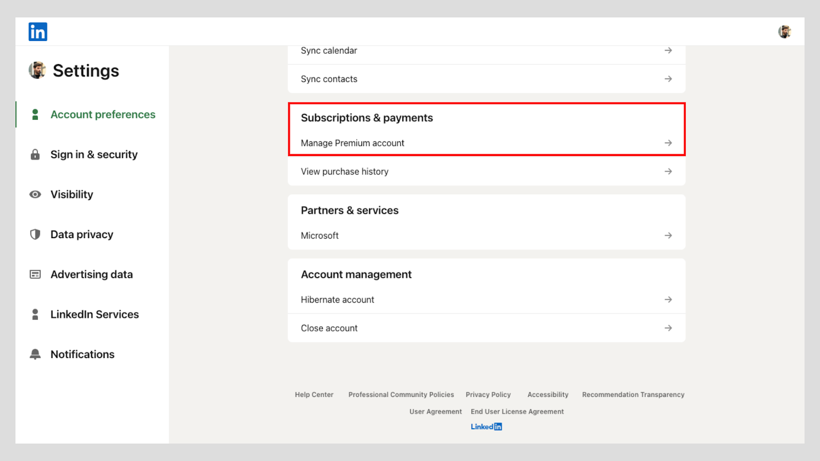 Subscriptions & Payments' to manage your LinkedIn Premium account on settings page