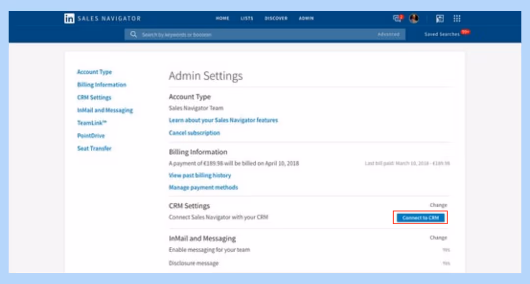 Access to CRM settings via LinkedIn Sales Navigator Admin setting