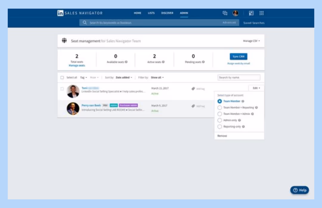 Admin management for Sales Navigator Teams from Admin Settings