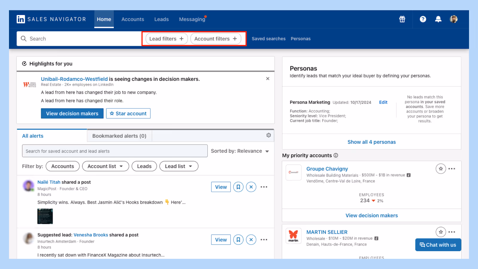 LinkedIn Sales Navigator interface showing advanced filters access to optimize prospecting process