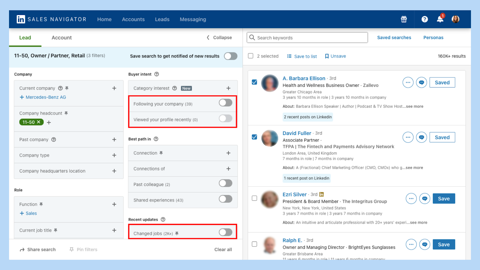 LinkedIn Sales Navigator interface showing icebreakers filters for personal outreach