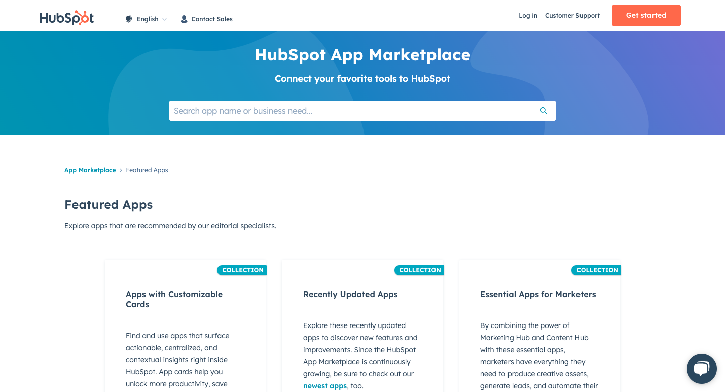 HubSpot App Marketplace homepage displaying featured apps and search bar for integrations