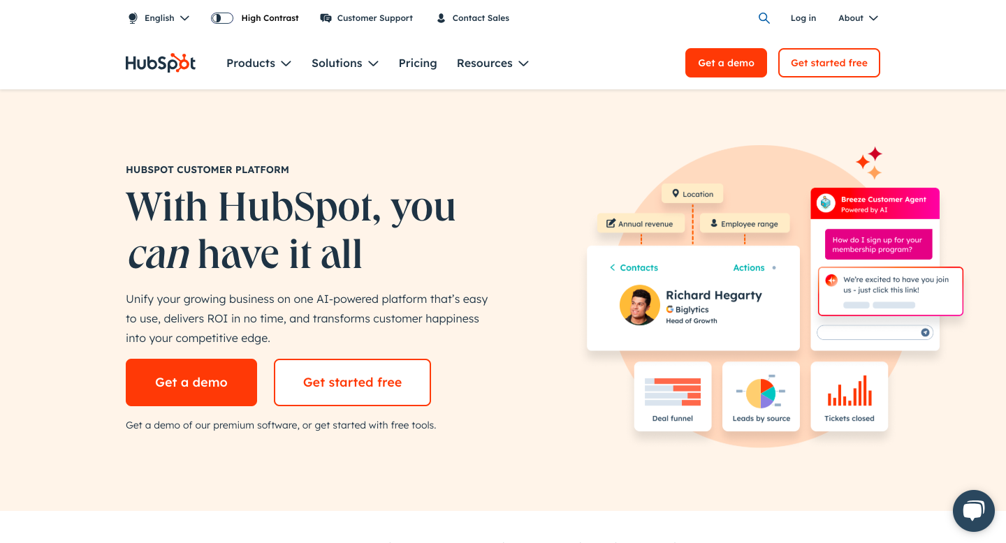 HubSpot homepage with options to get a premium demo or to get started for free