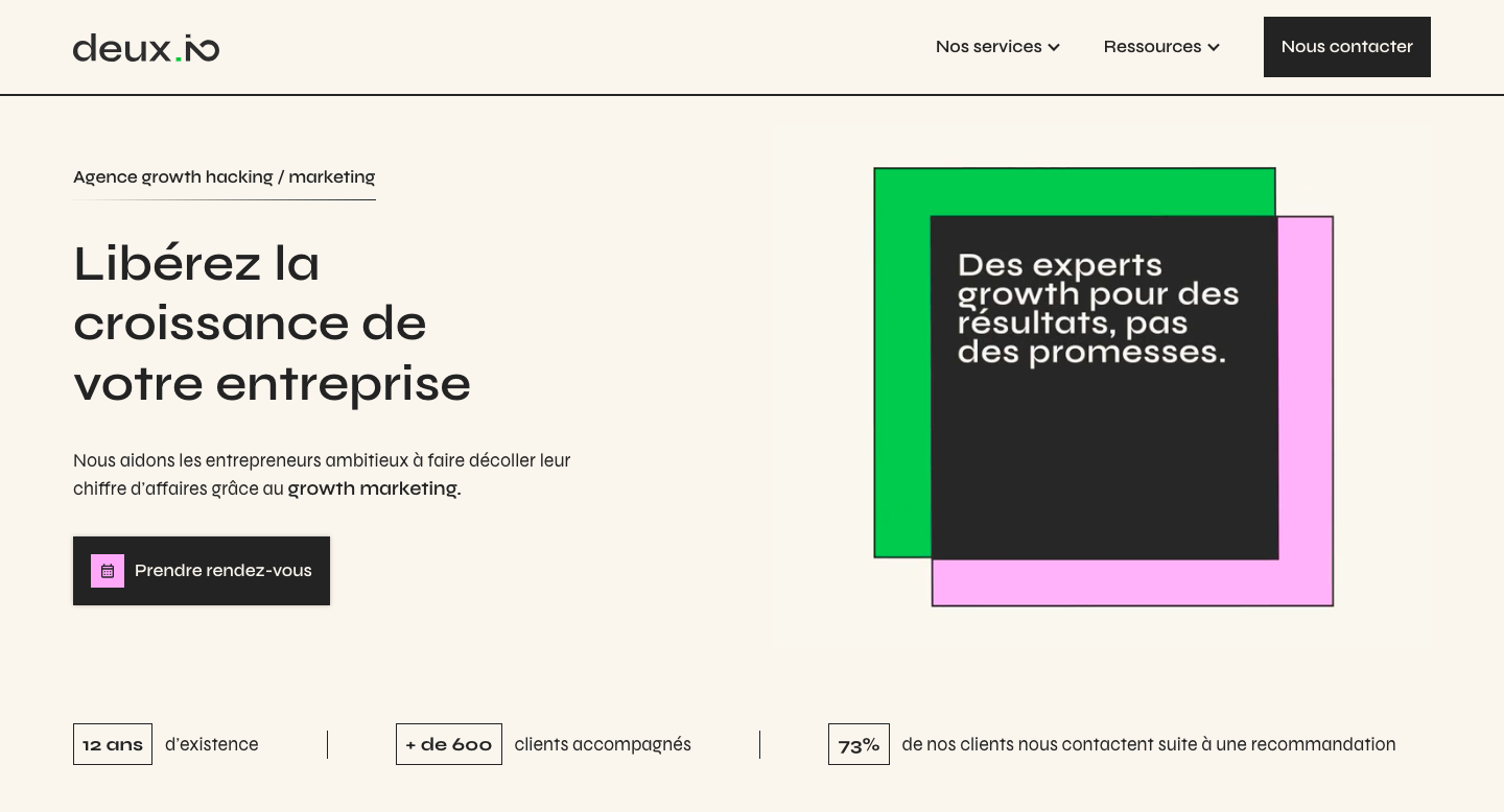 Deux.io homepage screenshot — top-rated prospecting agency in France since 2013