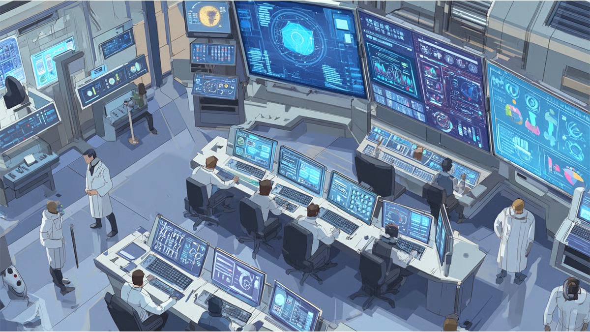 Illustration d'une salle de contrôle futuriste avec des scientifiques en blouse blanche analysant des données sur de multiples écrans.