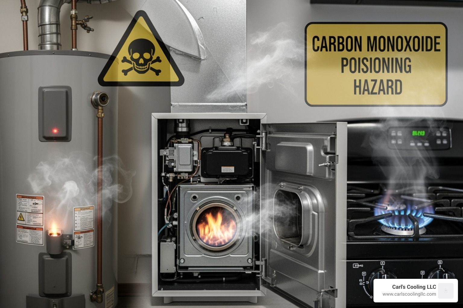 A collage image displaying common household appliances such as a gas furnace, a water heater, and a kitchen stove, all representing potential sources of carbon monoxide - carbon monoxide leak