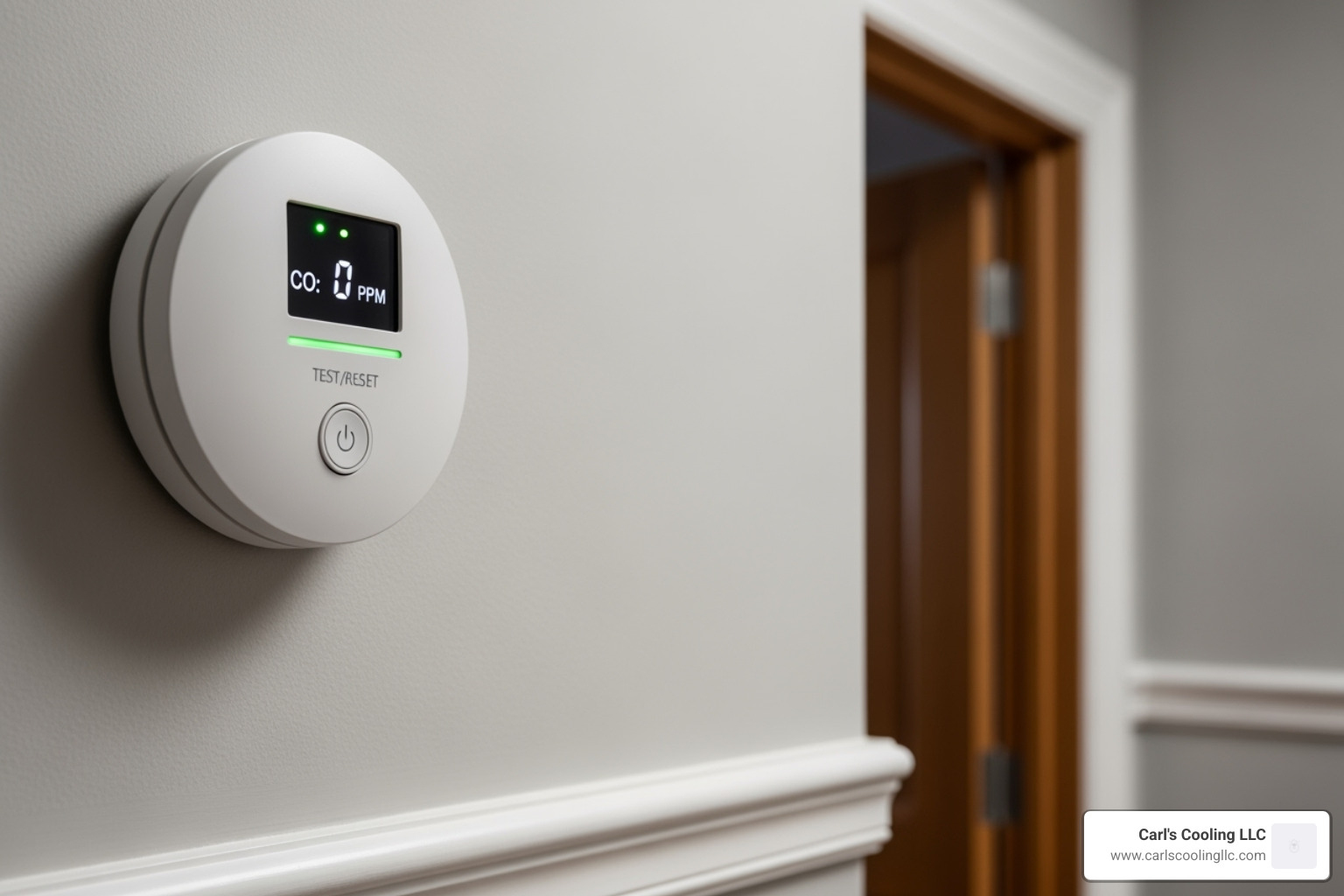 A modern, battery-operated carbon monoxide detector mounted on a wall, clearly visible in a residential setting - carbon monoxide leak