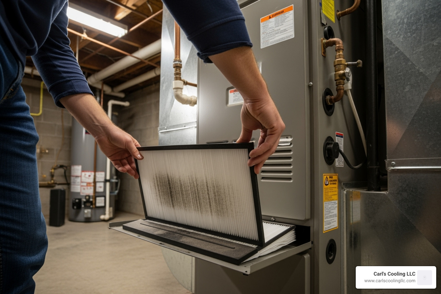 homeowner changing a furnace filter - Annual furnace service