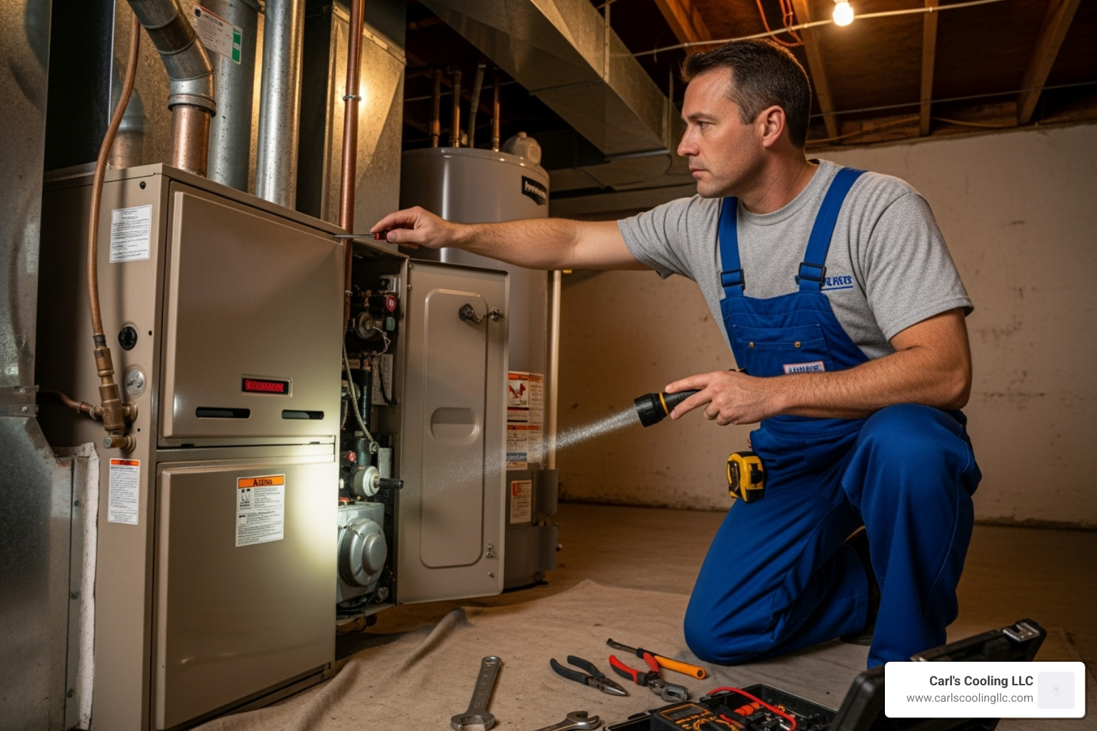 HVAC technician inspecting a furnace - Annual furnace service