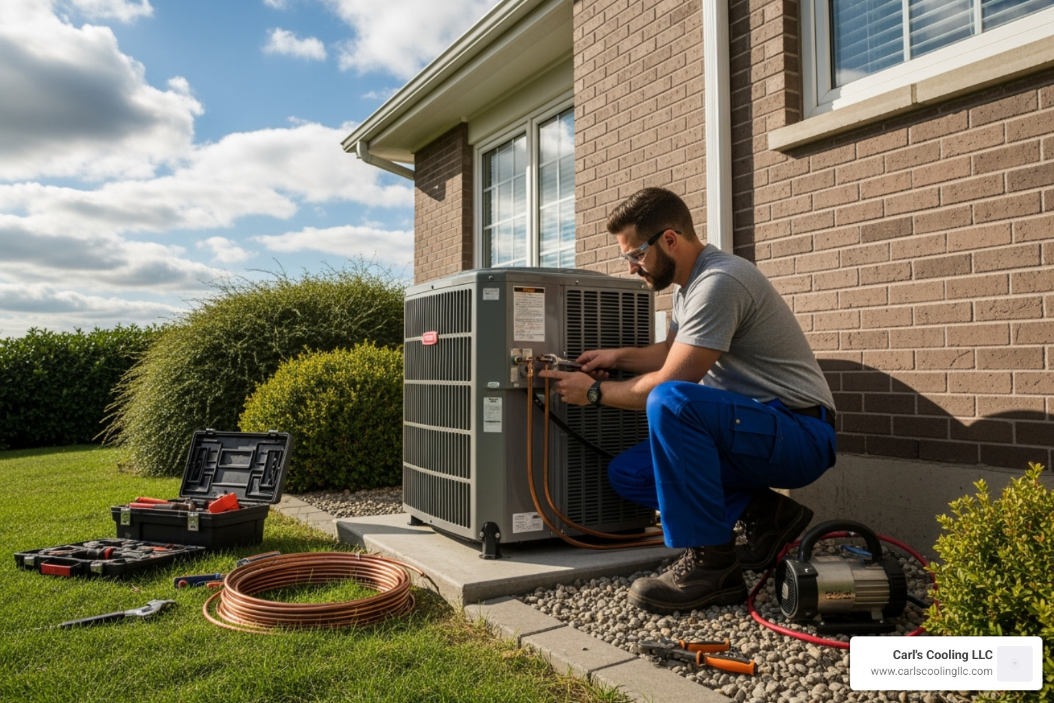 technician carefully installing an outdoor condenser unit - air conditioning installation the woodlands tx