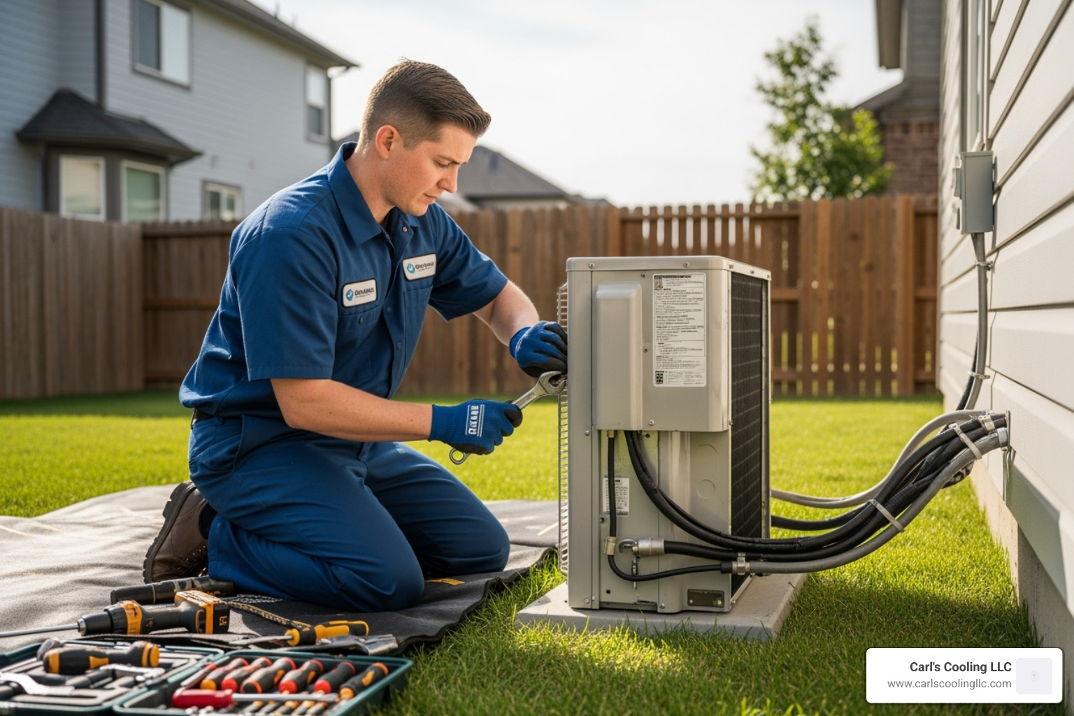 Certified technician carefully installing an outdoor AC unit - Conroe AC installation
