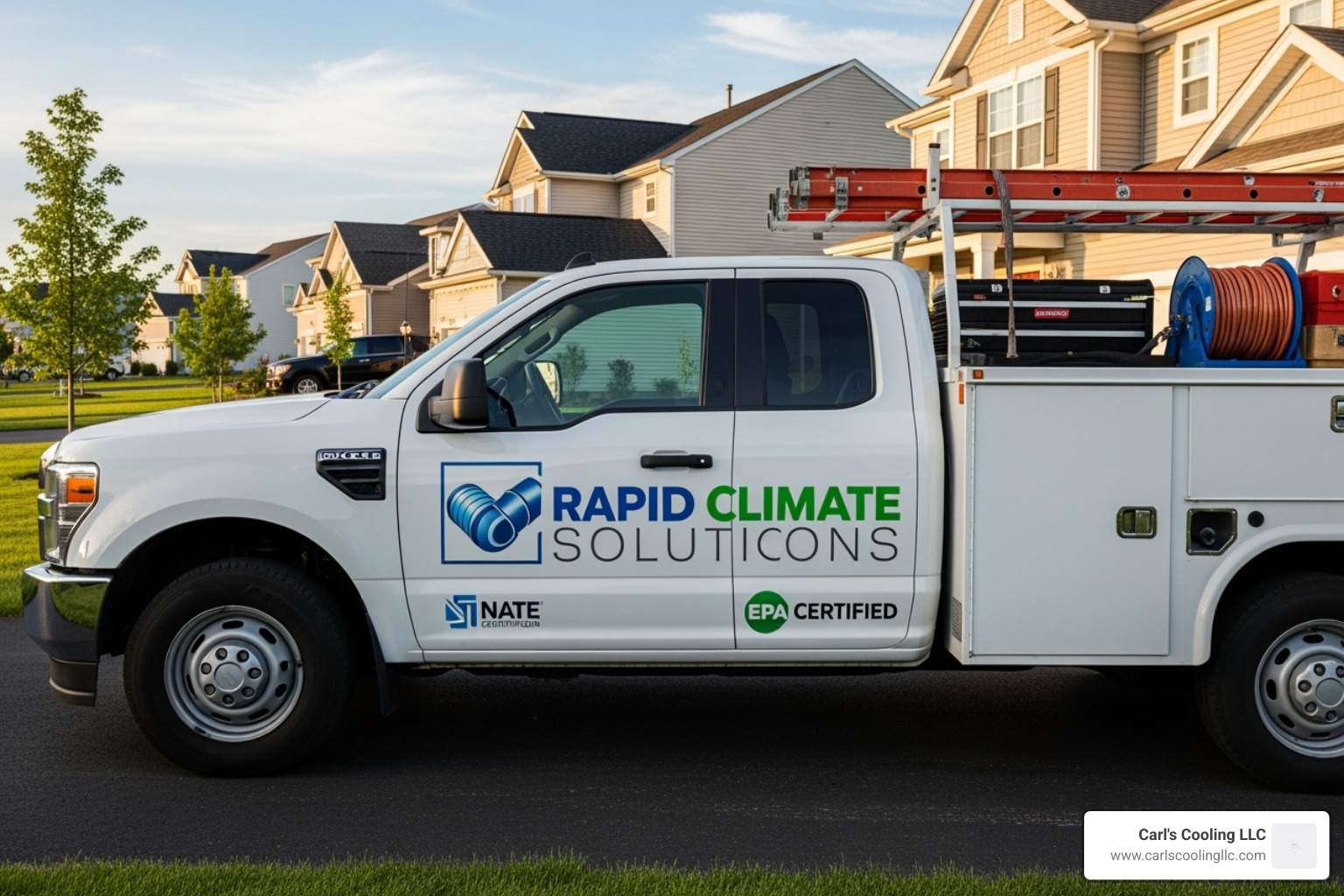 Technician's truck with logos for certifications like NATE - Conroe AC installation