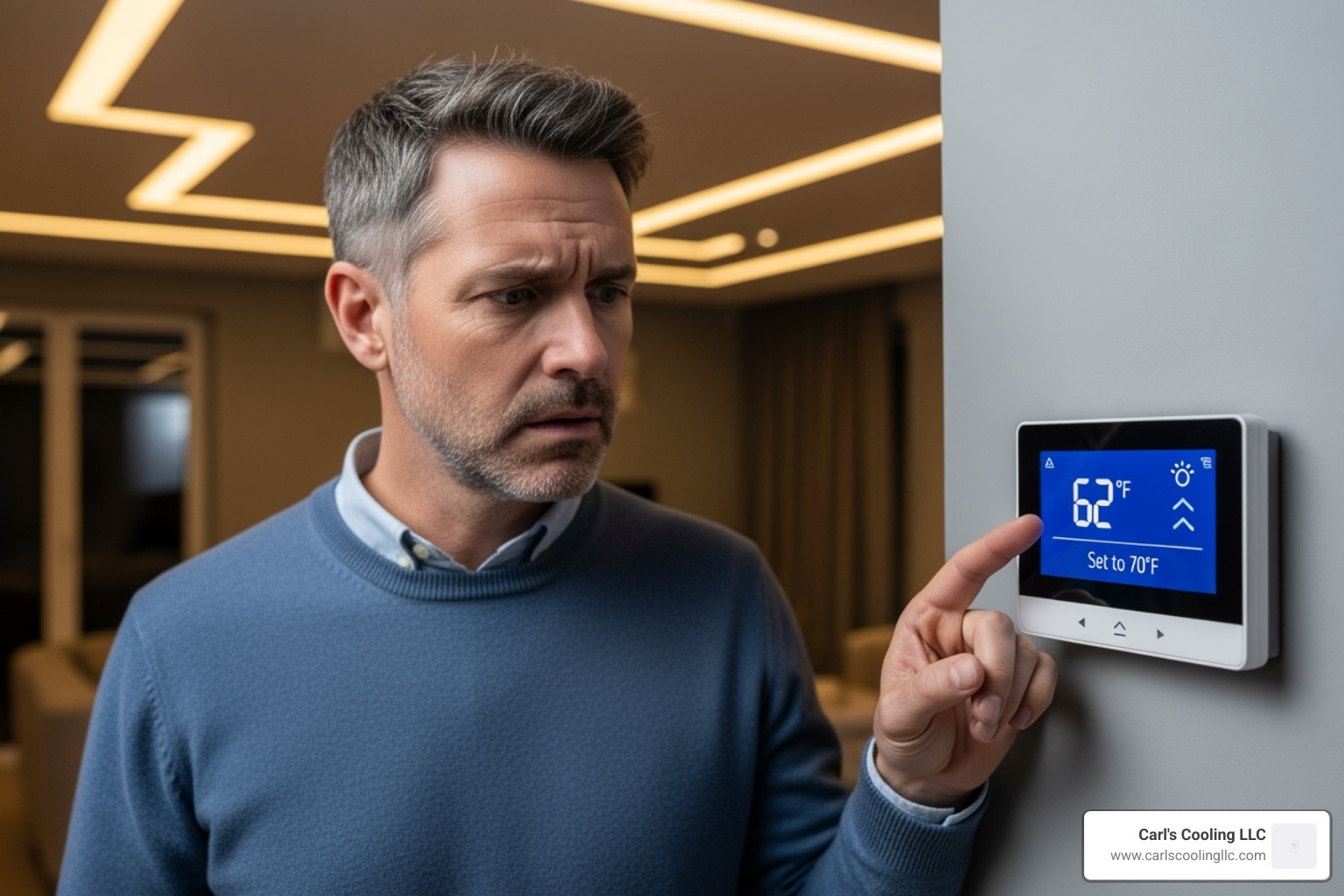Homeowner looking concerned at their thermostat - Conroe AC installation