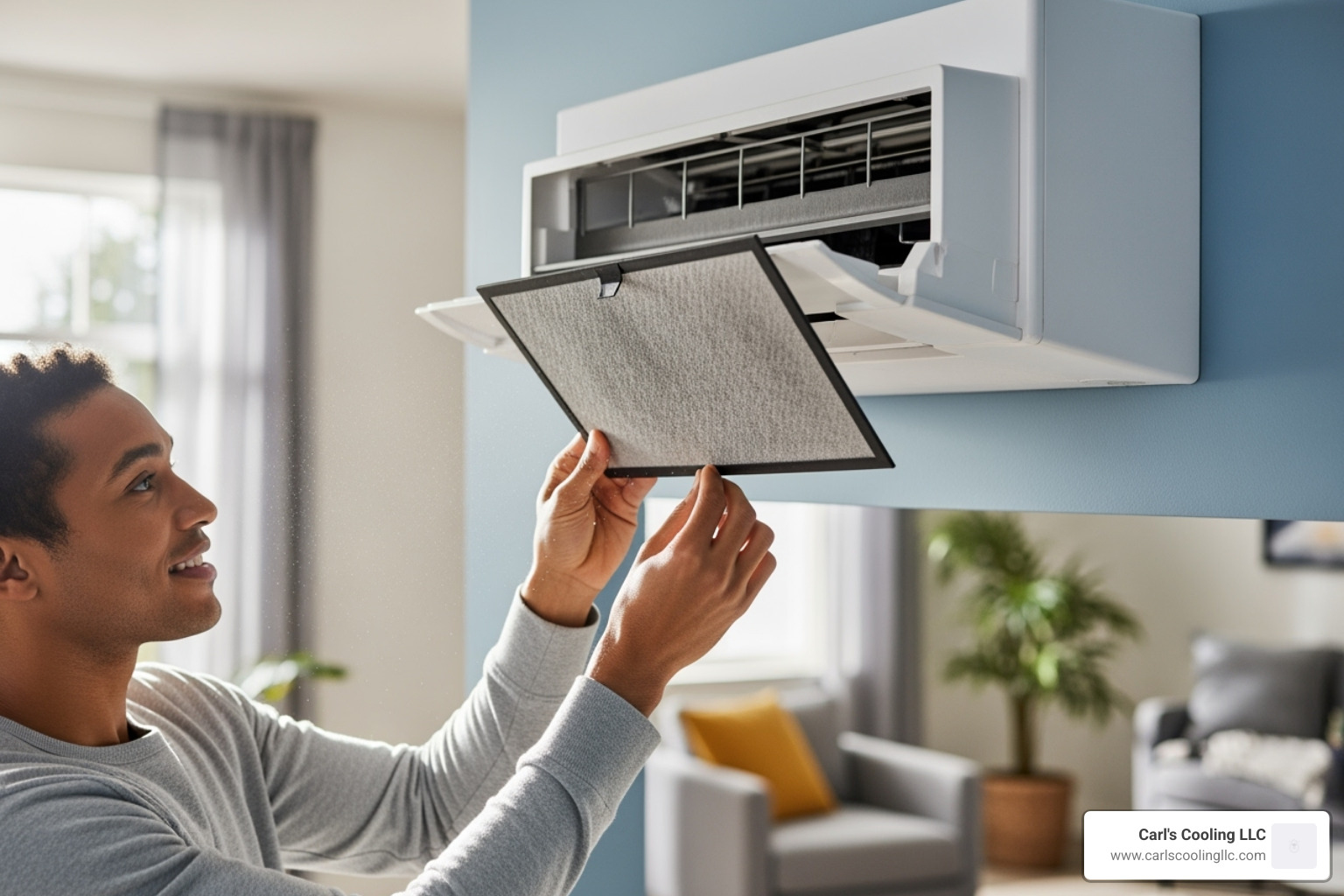 person easily cleaning the filter of a ductless indoor unit - ductless ac installation