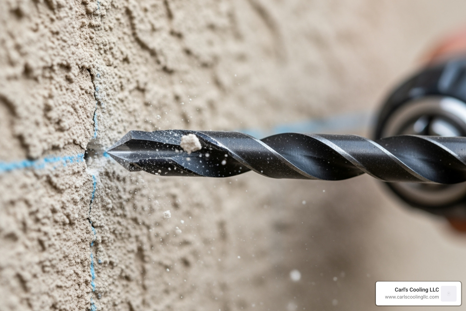 hole being drilled through an exterior wall - ductless ac installation