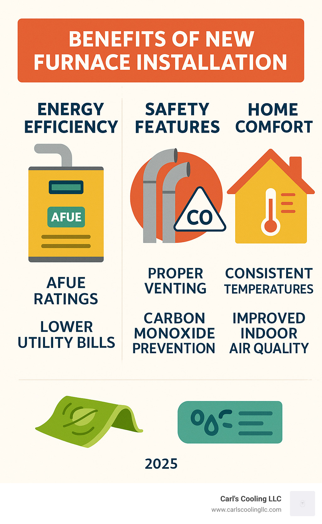 Infographic showing three main benefits of new furnace installation: Energy Efficiency with AFUE ratings and lower utility bills, Safety Features including proper venting and carbon monoxide prevention, and Home Comfort with consistent temperatures and improved indoor air quality - Furnace installation The Woodlands infographic 