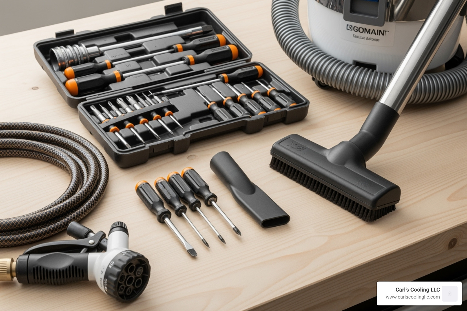 All the necessary tools and materials laid out neatly - AC unit cleaning