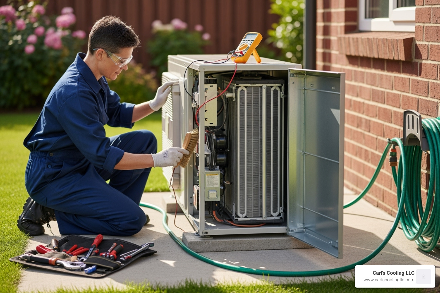 IMAGE of a technician performing heat pump maintenance, cleaning coils and checking electrical connections - Heat pump repair Cypress