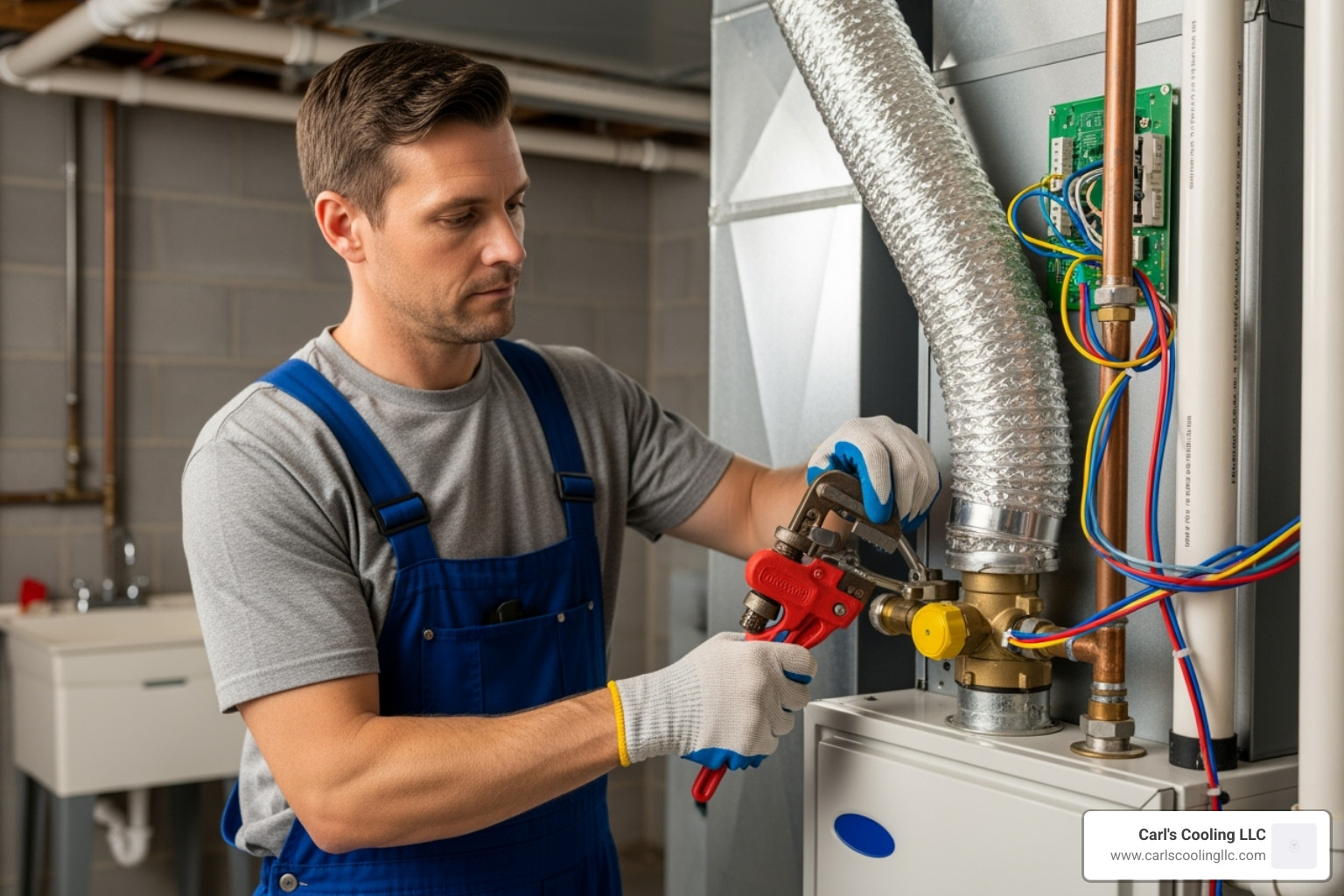 certified technician carefully installing new gas furnace - gas furnace installation in the woodlands