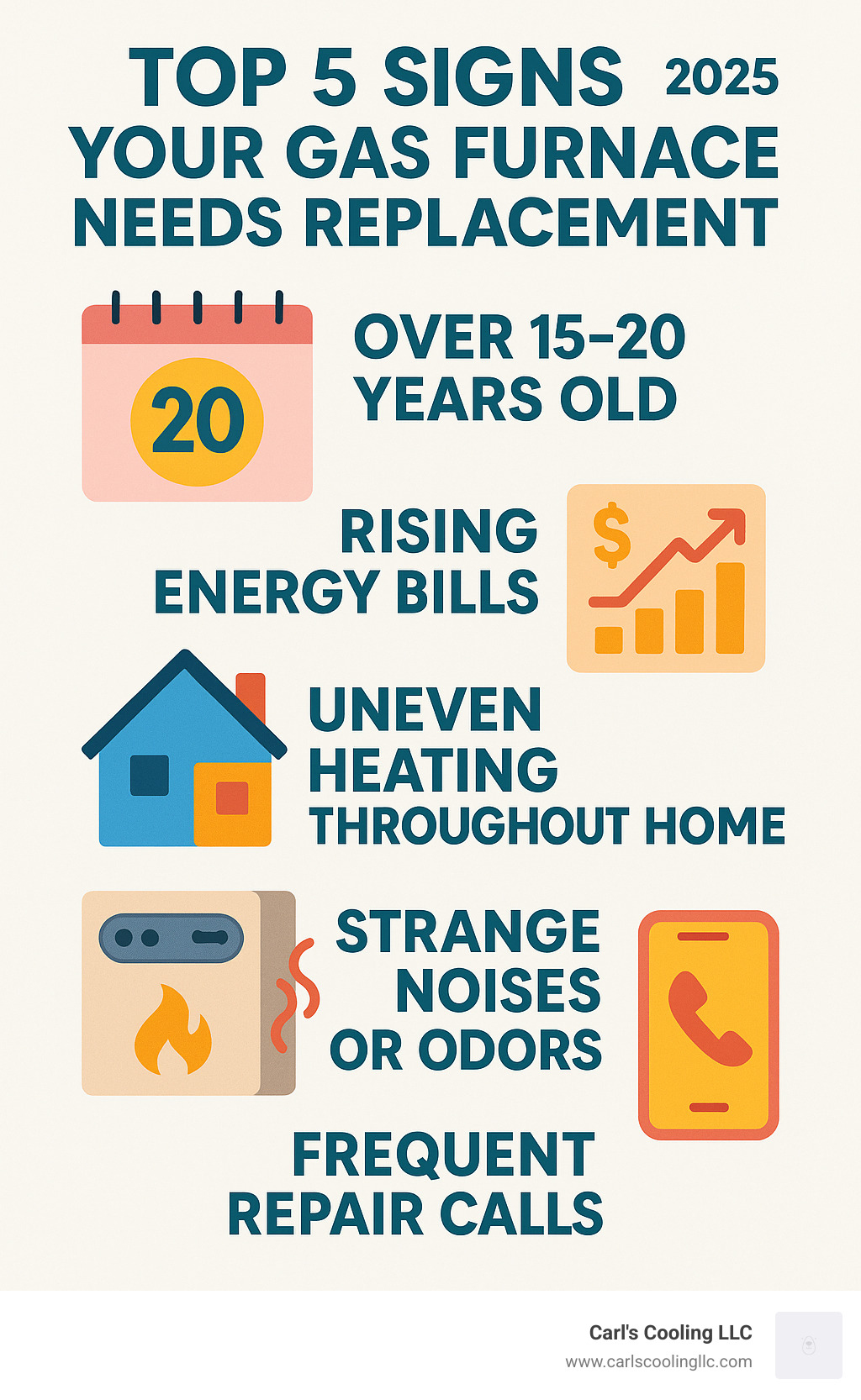 Infographic showing the top 5 signs your gas furnace needs replacement: age over 15-20 years, rising energy bills, uneven heating throughout home, strange noises or odors, and frequent repair calls - gas furnace installation in the woodlands infographic 