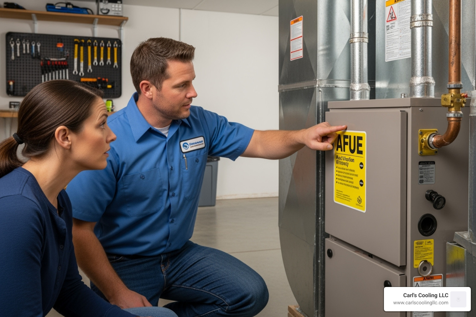 technician showing homeowner AFUE rating sticker - gas furnace installation in the woodlands