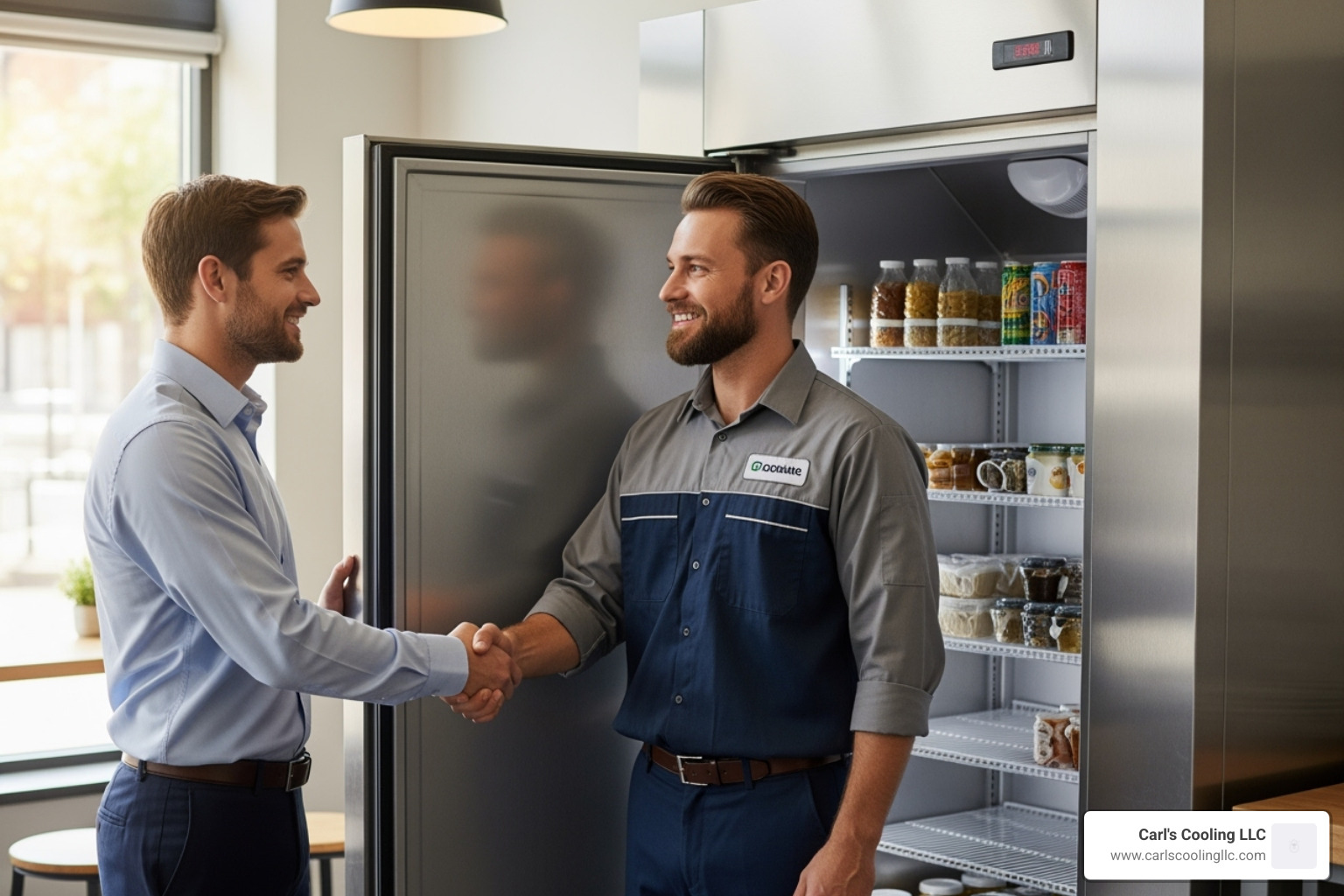 friendly technician shaking hands with a satisfied business owner - Commercial refrigeration Conroe