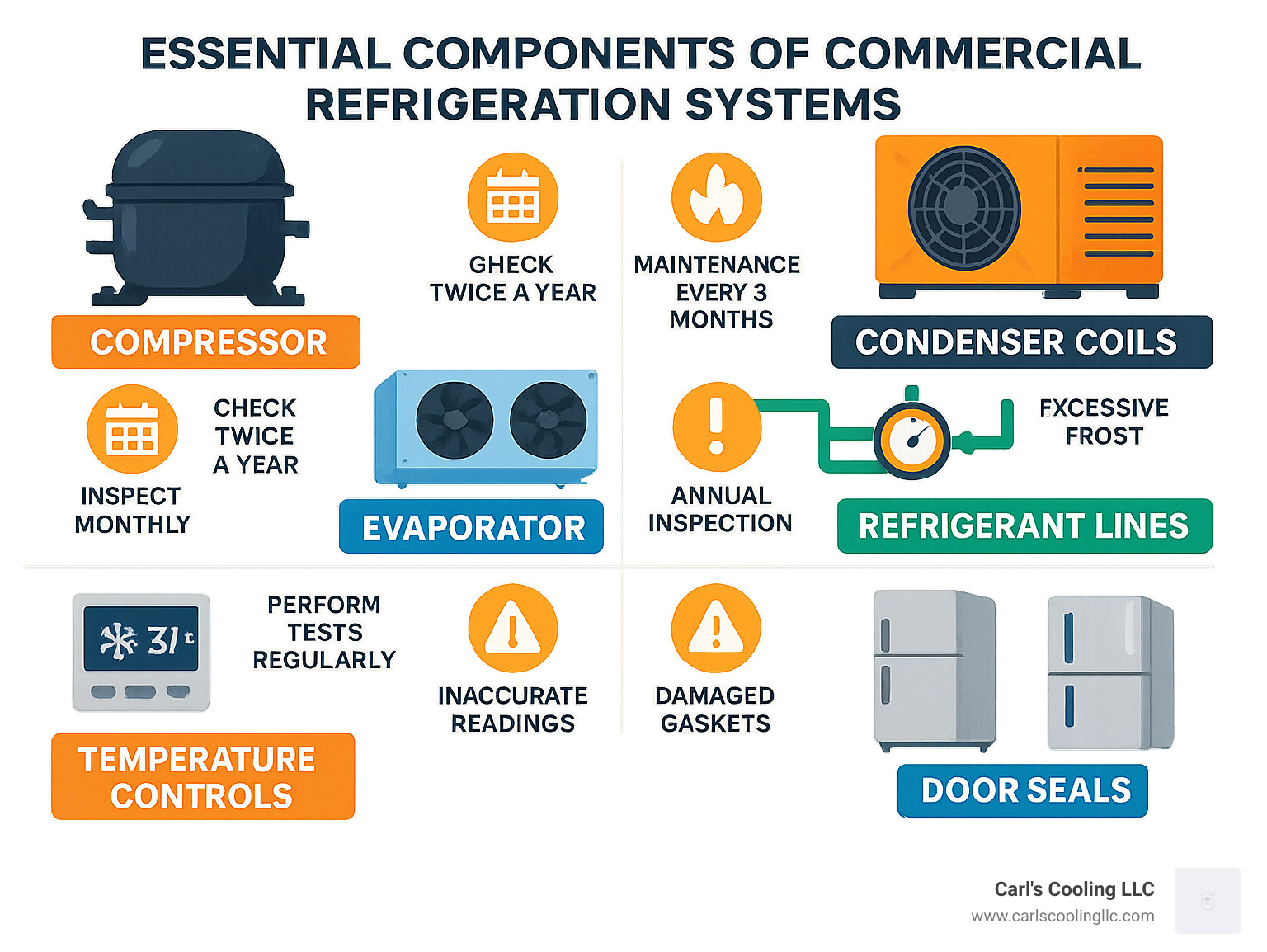 Infographic showing the essential components of commercial refrigeration systems including compressor, condenser coils, evaporator, refrigerant lines, temperature controls, and door seals with maintenance schedules and warning signs for each component - Commercial refrigeration Conroe infographic 