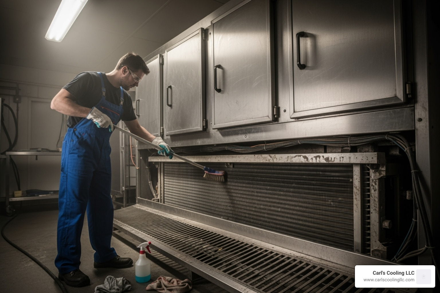 technician cleaning condenser coils on a refrigeration unit - Commercial refrigeration Conroe