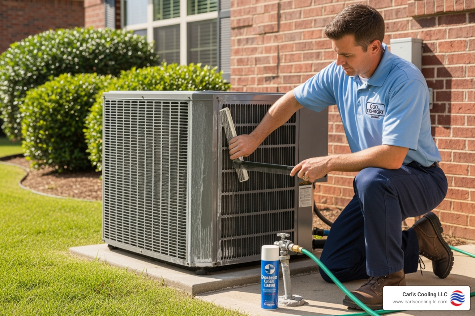 Technician cleaning an outdoor condenser unit - ac repair in conroe tx