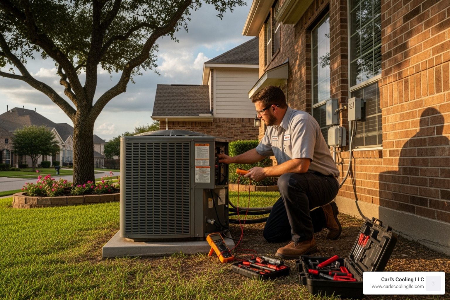 technician inspecting outdoor AC unit - air conditioning repair wortham village tx