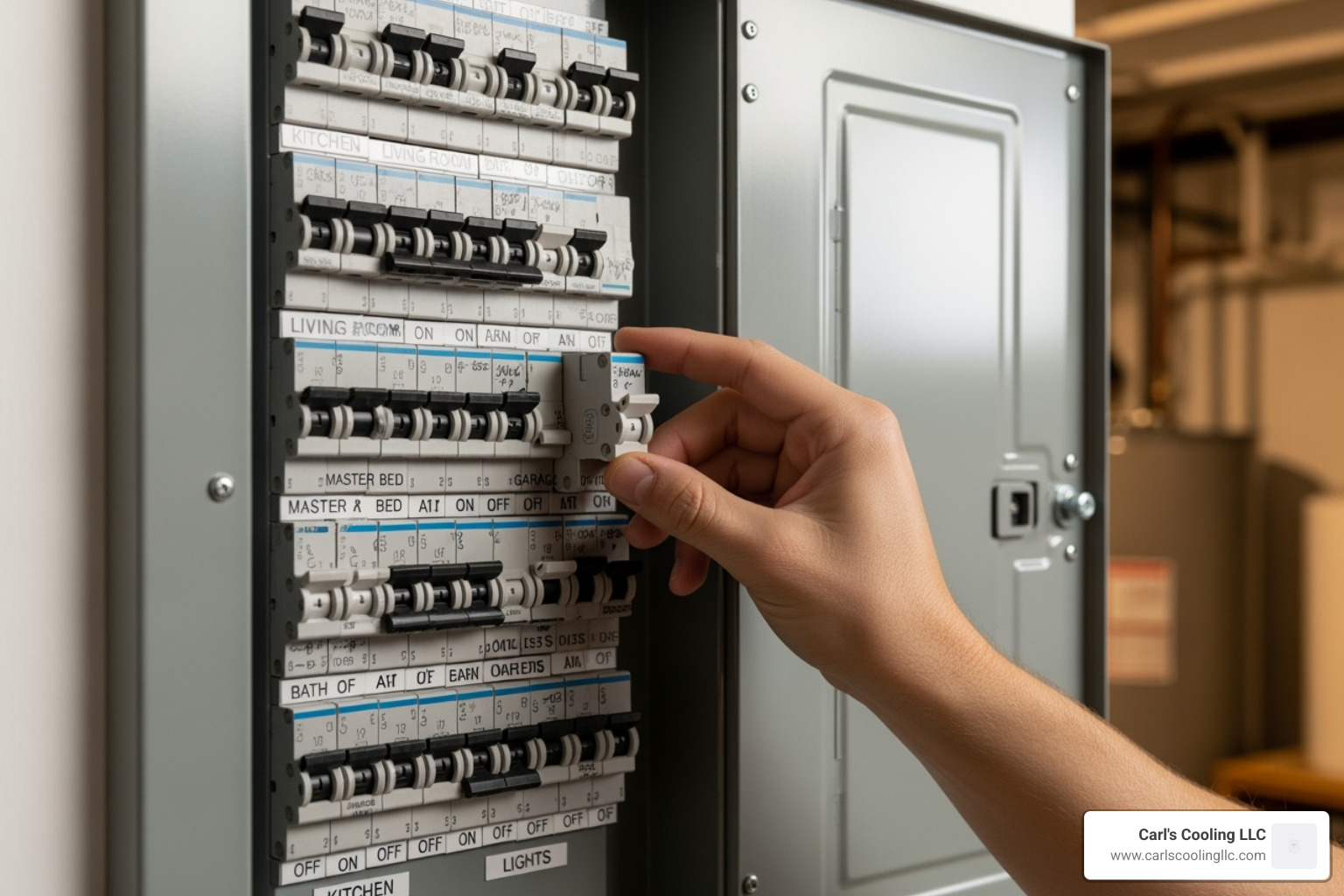 Homeowner turning off the furnace power at the breaker - furnace ignitor replacement