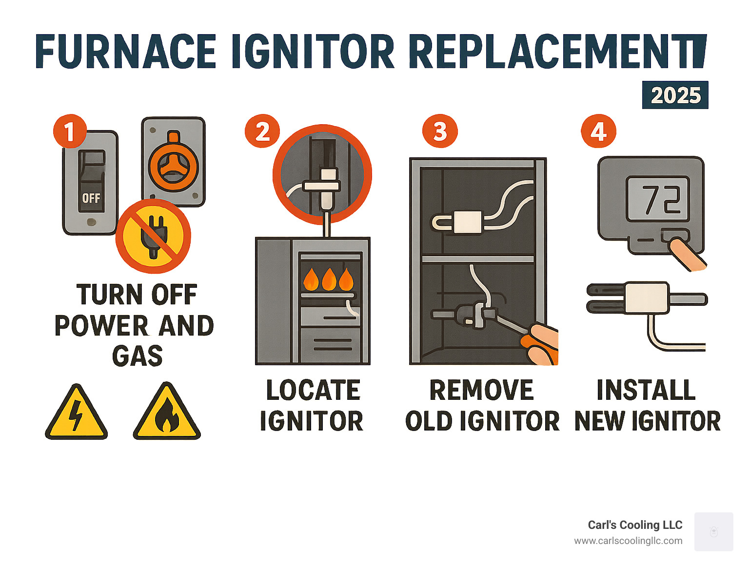 Step-by-step furnace ignitor replacement process showing power shutoff, ignitor location, removal of old part, installation of new ignitor, and system testing with safety warnings for electrical and gas components - furnace ignitor replacement infographic 